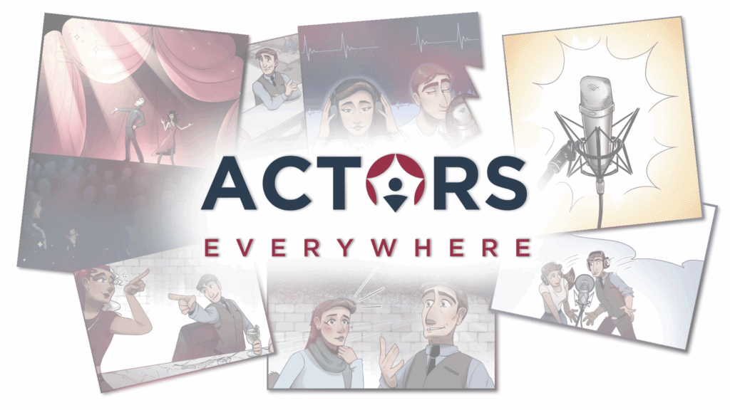 Actors Everywhere logo over illustrated graphics of poeple talking