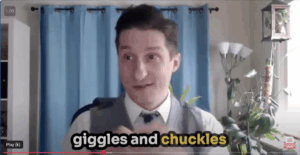 screenshot of Chris speaking, saying giggle and chuckles.